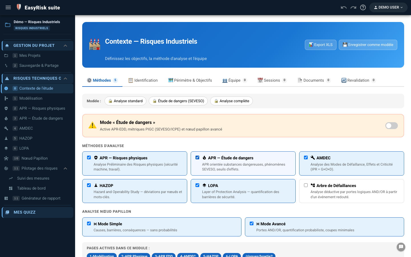 Page Contexte — formulaire de cadrage, sélection méthodes, équipe