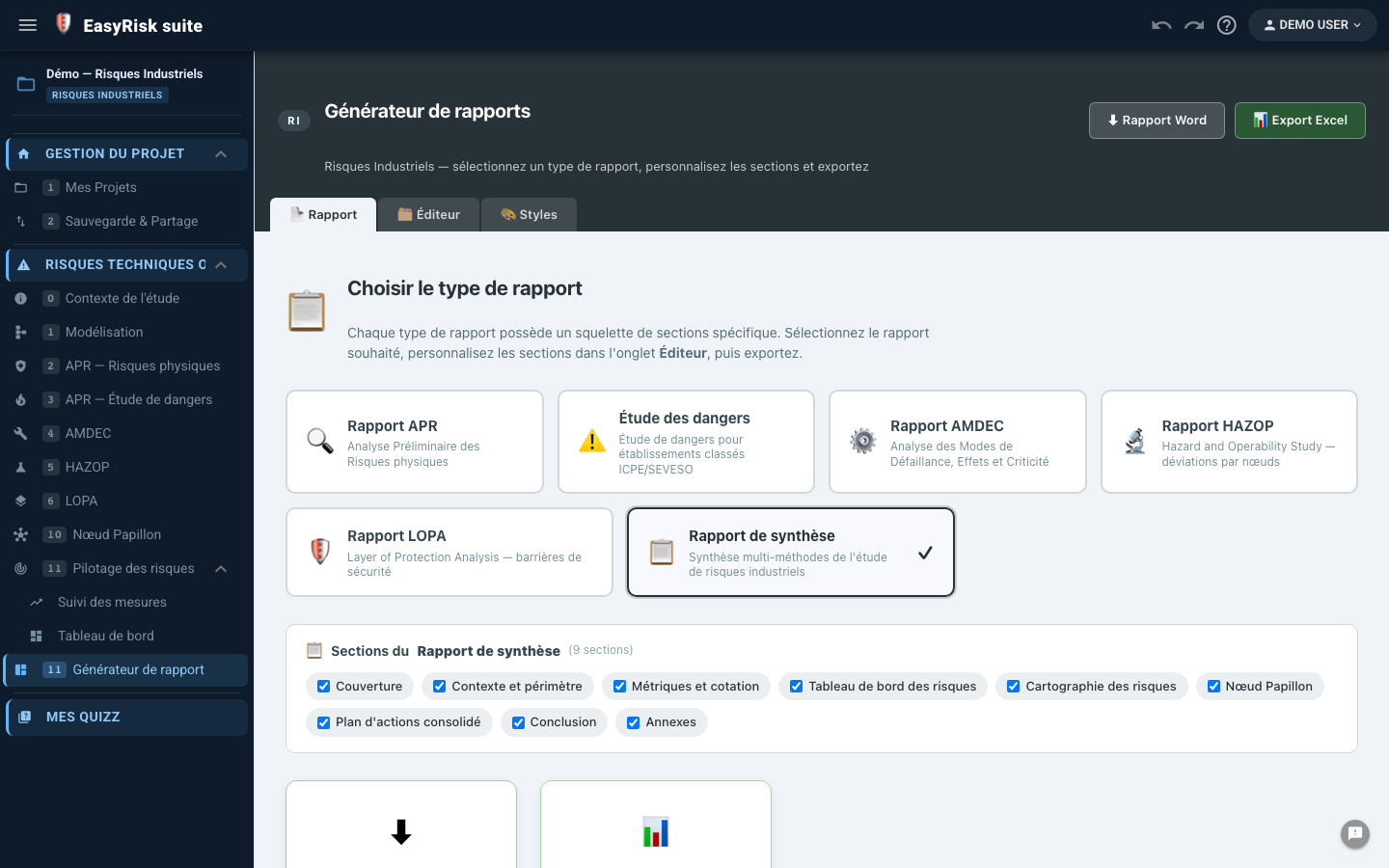 Générateur de rapport RI — onglets Rapport, Éditeur Markdown, Styles Word